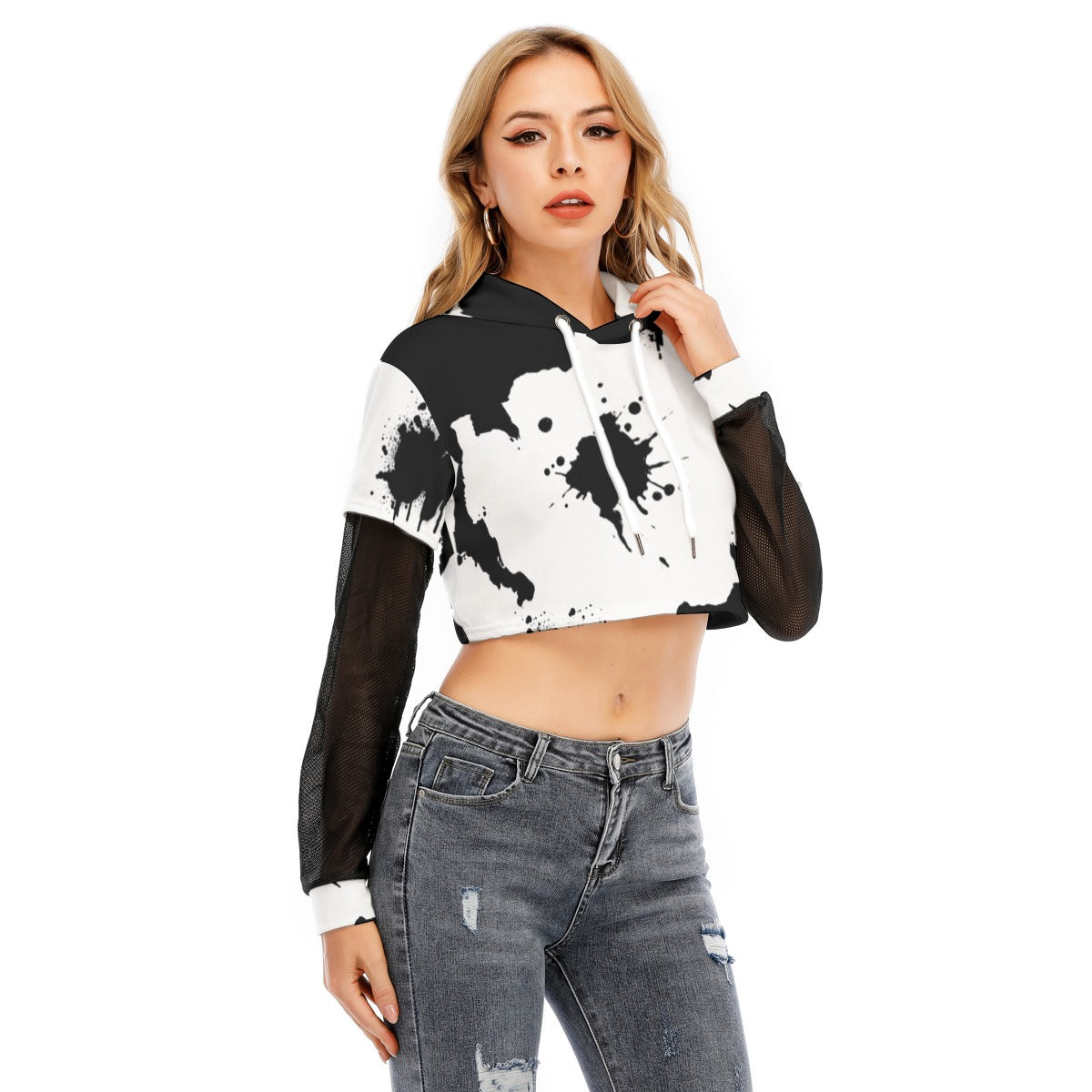 SEAMS LIKE FASHION Women's Fake Two-piece Mesh Sleeve Cropped Hoodie