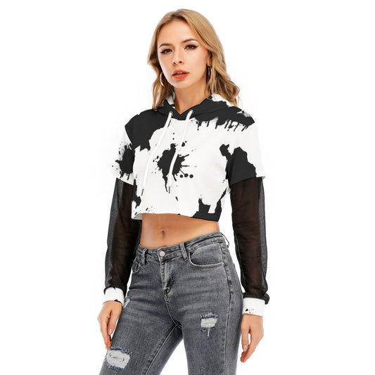 SEAMS LIKE FASHION Women's Fake Two-piece Mesh Sleeve Cropped Hoodie