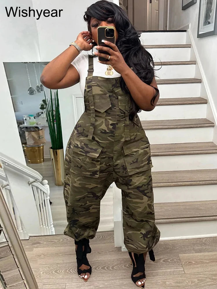 Vintage Camouflage Jumpsuits with Straps Women Fashion Pocket One Piece Wide Leg Pants Overalls Streetwear Loose Rompers y2k
