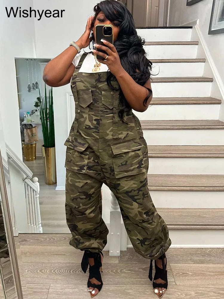 Vintage Camouflage Jumpsuits with Straps Women Fashion Pocket One Piece Wide Leg Pants Overalls Streetwear Loose Rompers y2k