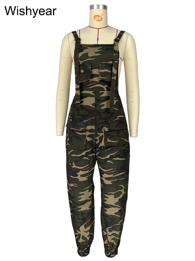 Vintage Camouflage Jumpsuits with Straps Women Fashion Pocket One Piece Wide Leg Pants Overalls Streetwear Loose Rompers y2k