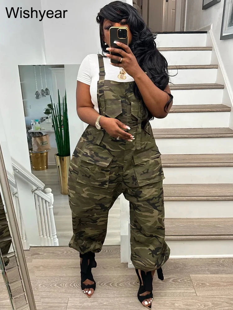 Vintage Camouflage Jumpsuits with Straps Women Fashion Pocket One Piece Wide Leg Pants Overalls Streetwear Loose Rompers y2k