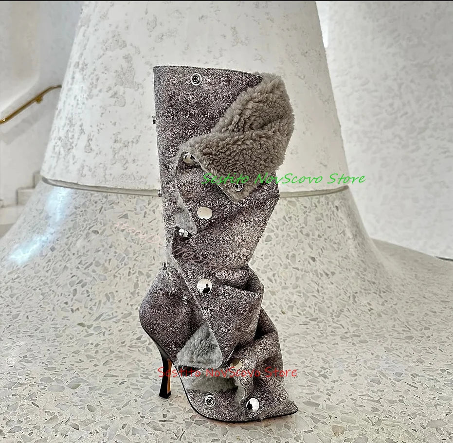 Winter Lamb Wool Fold Boots Pointed Toe Cool Girl Studded Knee High Boots Warm Lambswool High Heels New Arrivals Causal Shoes