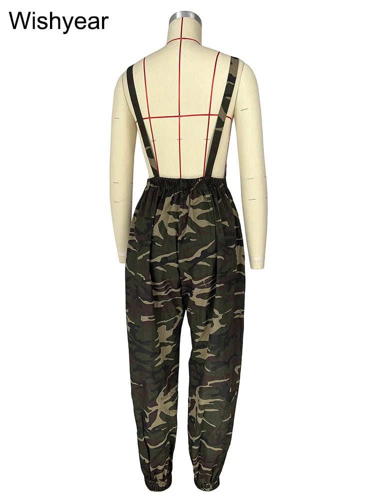Vintage Camouflage Jumpsuits with Straps Women Fashion Pocket One Piece Wide Leg Pants Overalls Streetwear Loose Rompers y2k