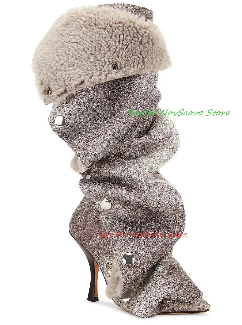 Winter Lamb Wool Fold Boots Pointed Toe Cool Girl Studded Knee High Boots Warm Lambswool High Heels New Arrivals Causal Shoes