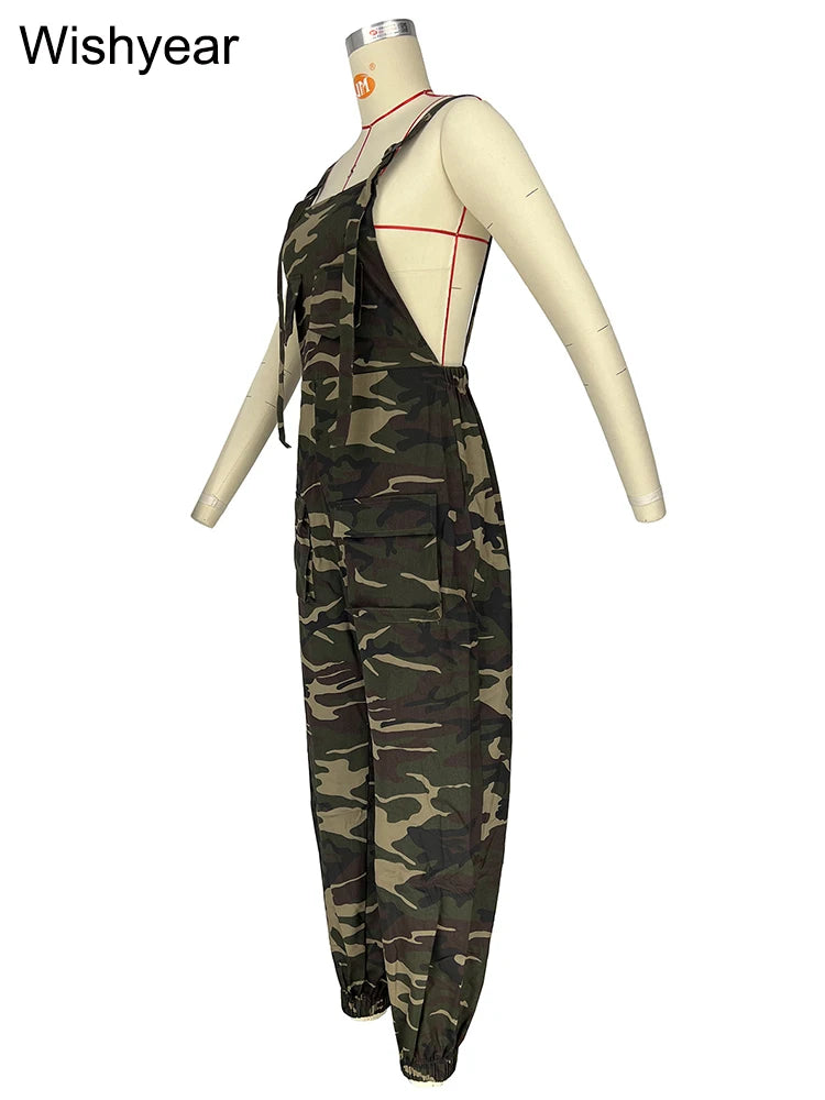 Vintage Camouflage Jumpsuits with Straps Women Fashion Pocket One Piece Wide Leg Pants Overalls Streetwear Loose Rompers y2k