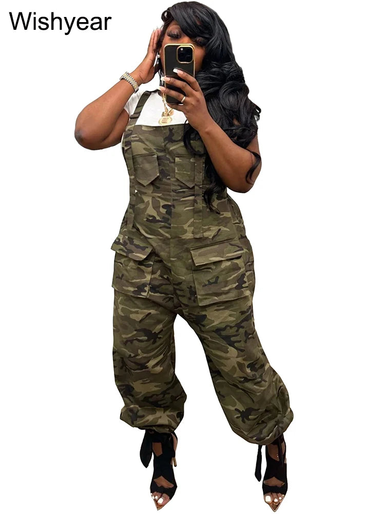 Vintage Camouflage Jumpsuits with Straps Women Fashion Pocket One Piece Wide Leg Pants Overalls Streetwear Loose Rompers y2k