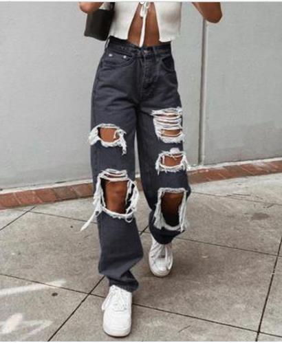 Ladies Ripped Wash Style Denim Trousers