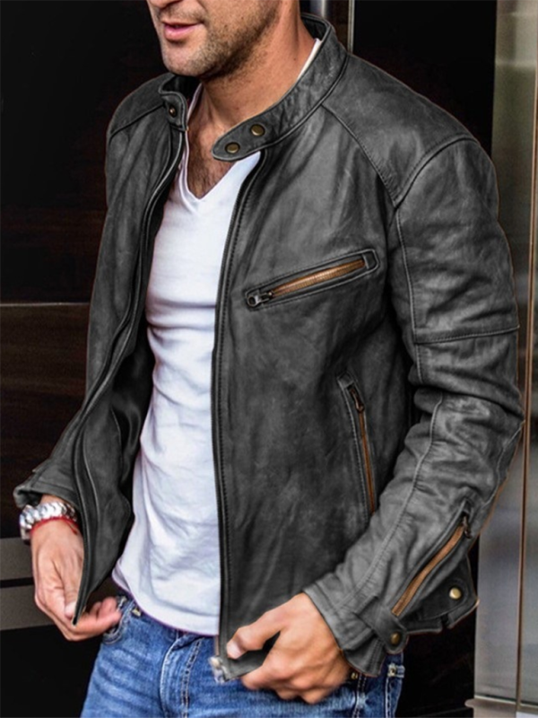 Men's PU Leather Jacket Men's Stand Collar Punk Men's Jacket