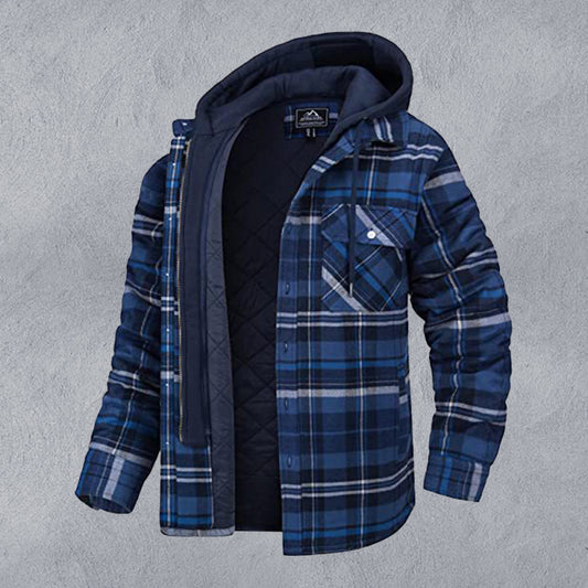 Men casual Thickened Padded Plaid Long Sleeve Loose Hooded Jacket