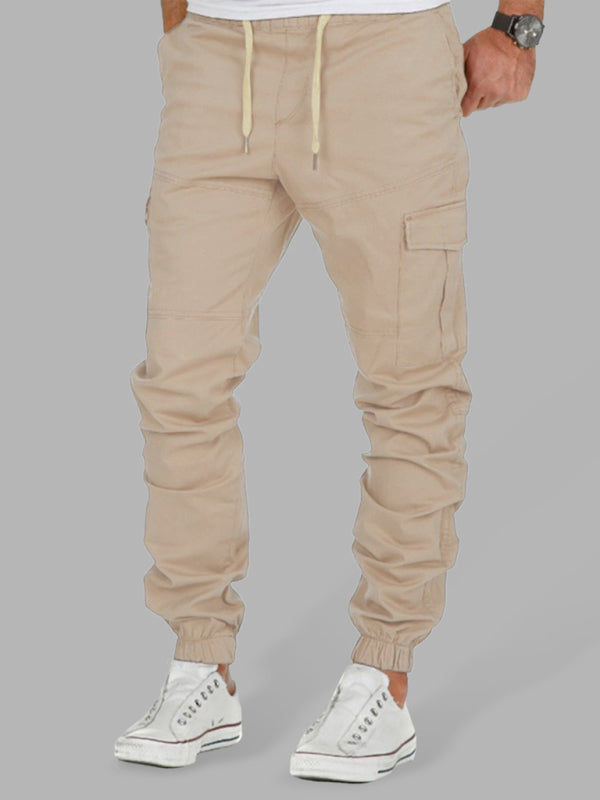 Men's Solid Color Cargo Pocket Drawstring Casual Trousers