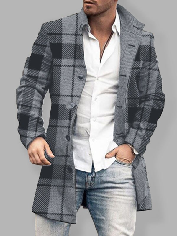 New men's woolen stand collar mid-length pocket casual coat