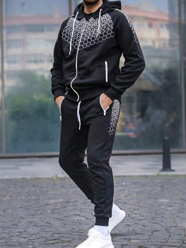 Men's Zipper Hooded Cardigan Jacket Honeycomb Print Casual Sweatshirt Trousers Set