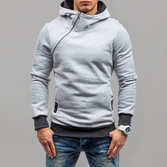 Men's diagonal zipper solid color long-sleeved hoodie