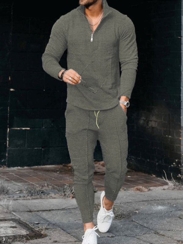 Men's Textured Casual Half Zipper Stand Collar Suits