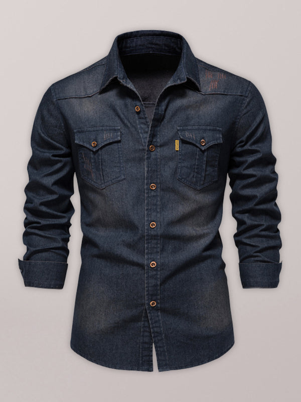 Denim non-iron shirt men's casual solid color non-iron men's long-sleeved shirt