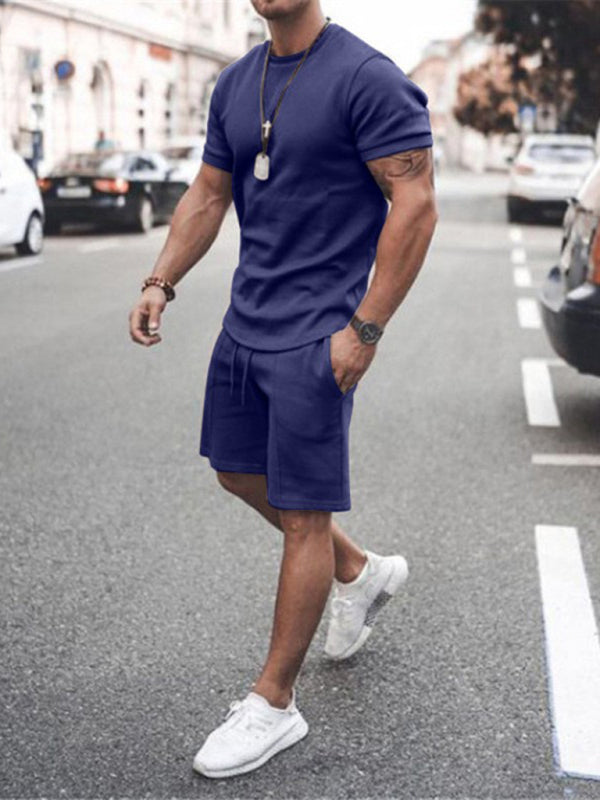 New Men's Casual Solid Color Short Sleeve Shorts Two-Piece Set