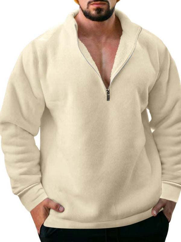 New men's fleece stand collar loose casual half zipper solid color hoodie