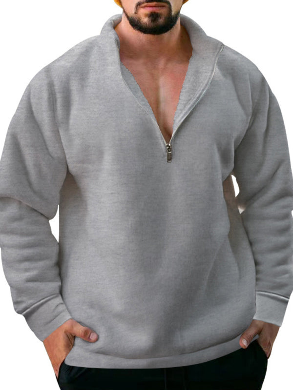 New men's fleece stand collar loose casual half zipper solid color hoodie