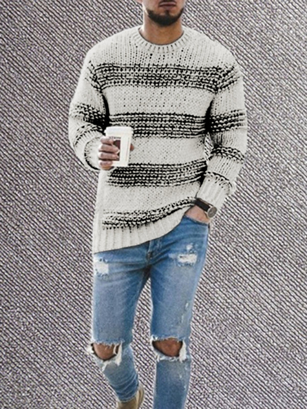 Men's fitted striped round neck long sleeve knitted sweater