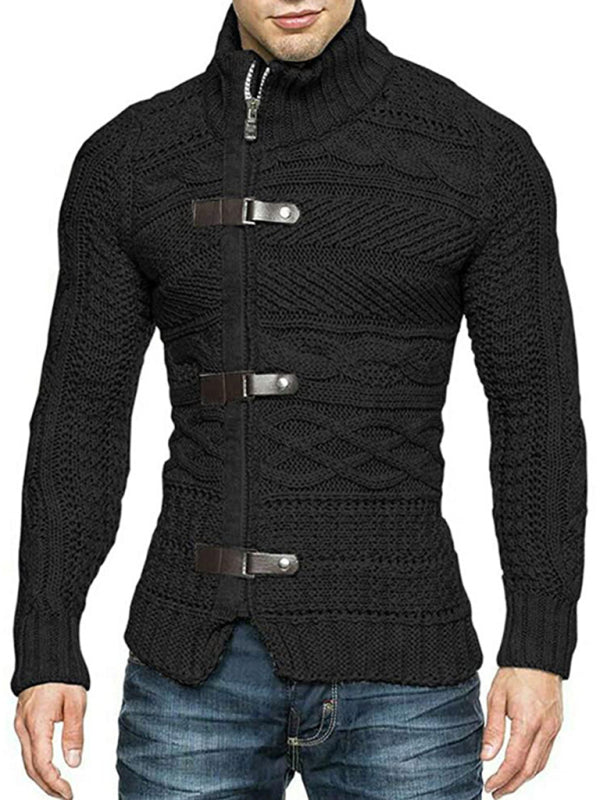 Men's Leather Button Long Sleeve Knitted Cardigan Jacket