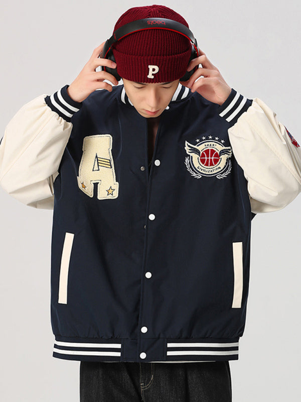 Men's embroidered appliqué bomber button jacket