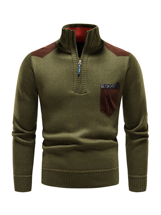 Men's stand-up collar thickened patchwork half-zip lapel sweater pullover sweater