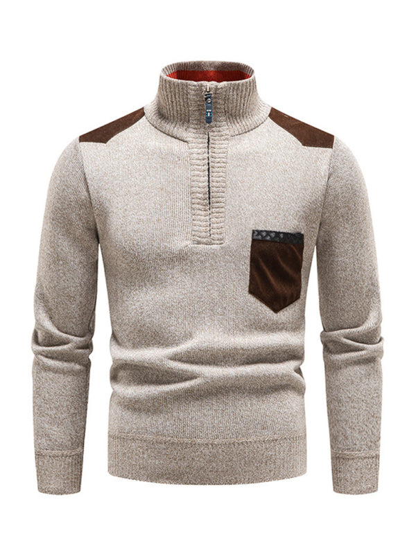 Men's stand-up collar thickened patchwork half-zip lapel sweater pullover sweater