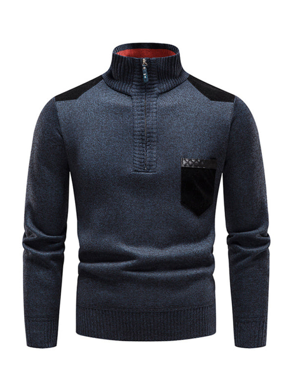 Men's stand-up collar thickened patchwork half-zip lapel sweater pullover sweater