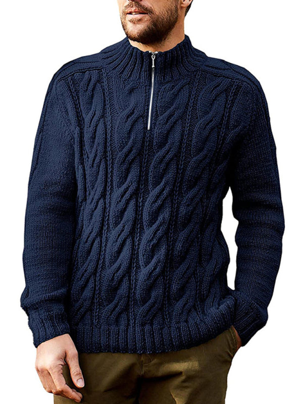 Men's new solid color zipper half turtleneck long sleeve sweater