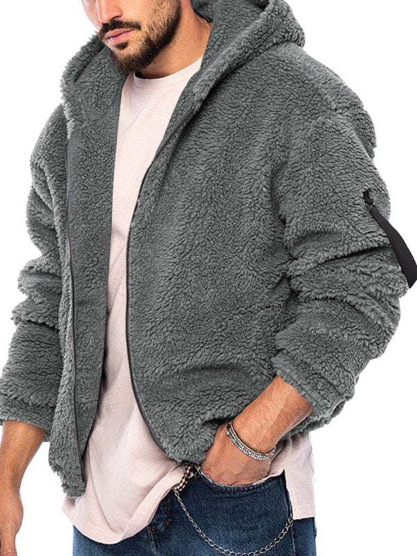 Men's double-sided arctic velvet hooded solid color warm zipper jacket