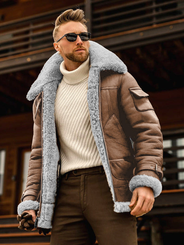 Men's fur one-piece thickened mid-length jacket