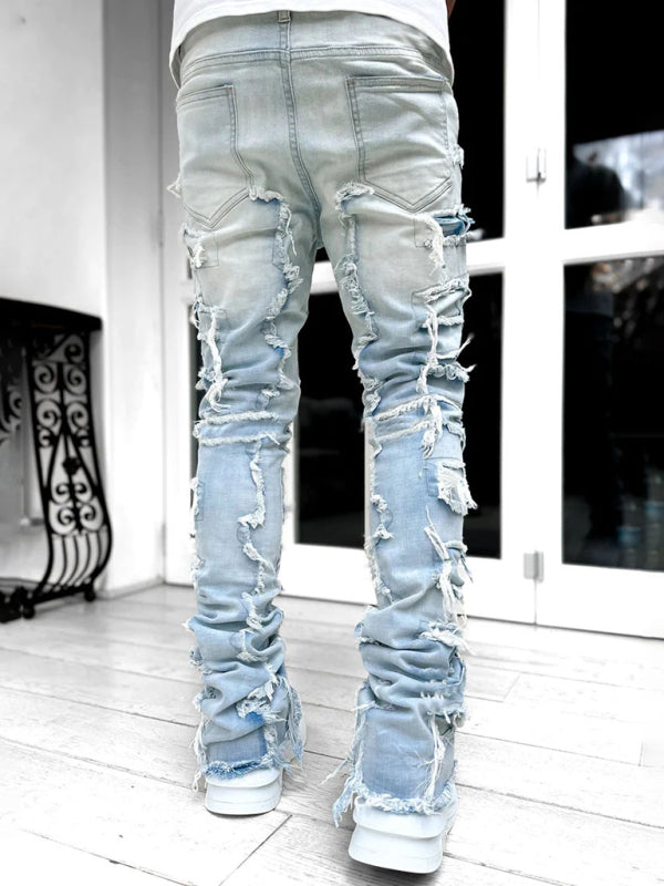 Men's new stretch patch denim straight pants