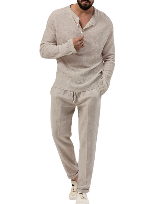 Men's new solid color casual long-sleeved shirt and trousers suit