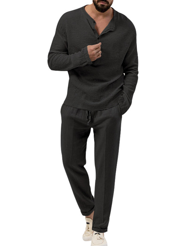 Men's new solid color casual long-sleeved shirt and trousers suit