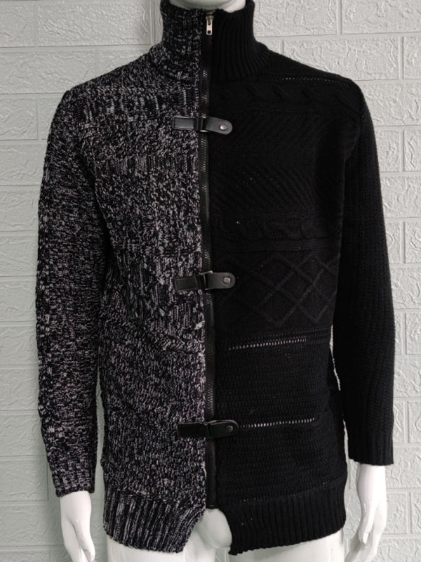 Men's high -necked color skin buckle long -sleeved knit sweater cardigan