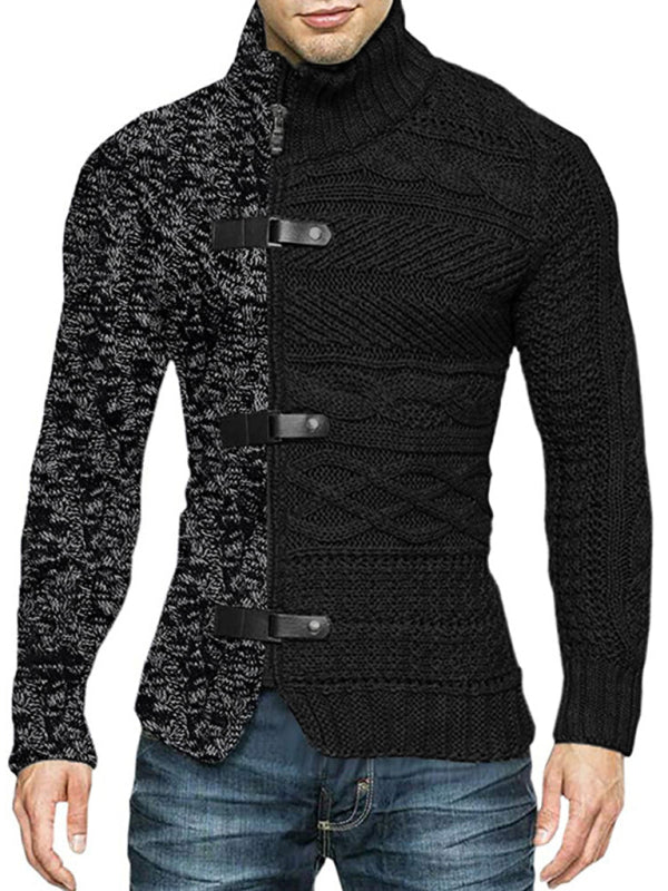 Men's high -necked color skin buckle long -sleeved knit sweater cardigan