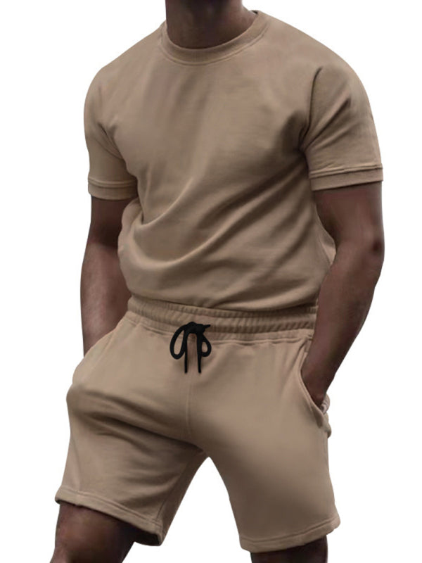 New men's casual fashion solid color short-sleeved T-shirt + quarter pants sports suit