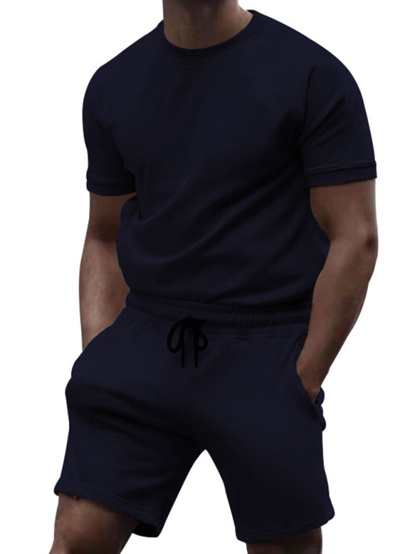 New men's casual fashion solid color short-sleeved T-shirt + quarter pants sports suit