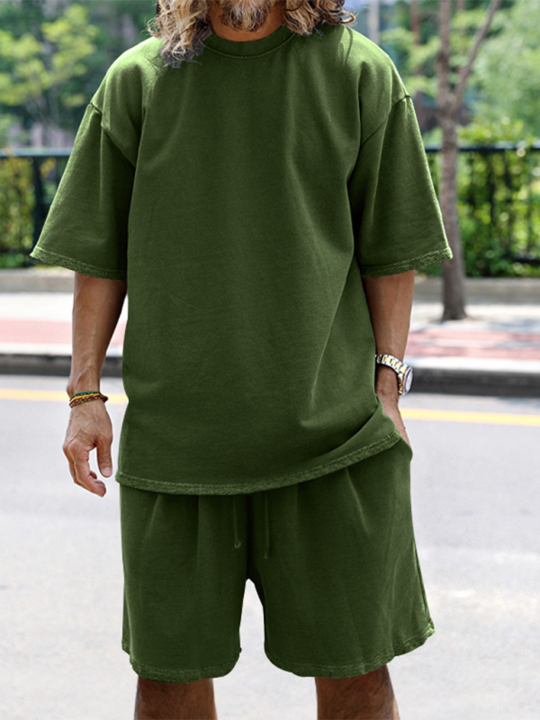 Men's solid color loose short-sleeved shorts set