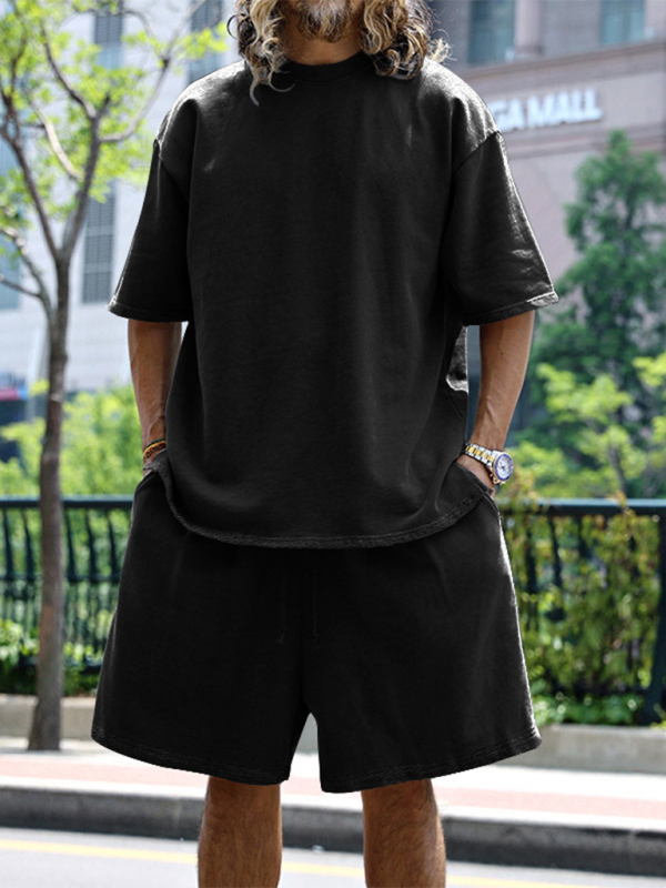 Men's solid color loose short-sleeved shorts set