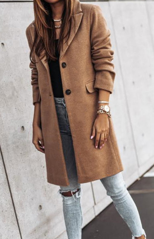 Autumn And Winter Leisure Long Sleeved Tweed Coat