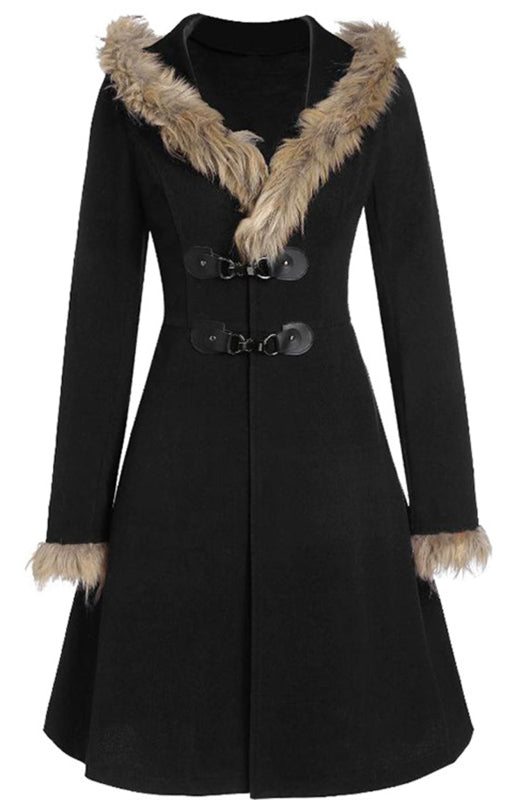 Solid-Colored Fur, Long-Sleeved Alloy Buckles, Duffel Coat