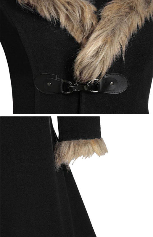 Solid-Colored Fur, Long-Sleeved Alloy Buckles, Duffel Coat