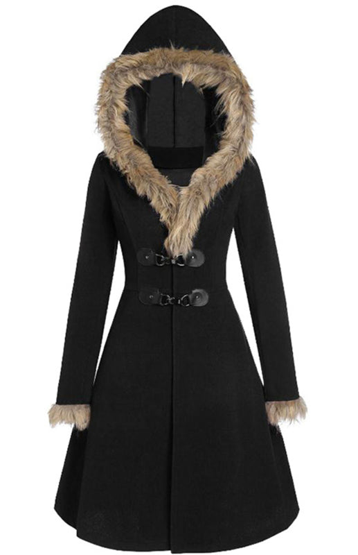 Solid-Colored Fur, Long-Sleeved Alloy Buckles, Duffel Coat