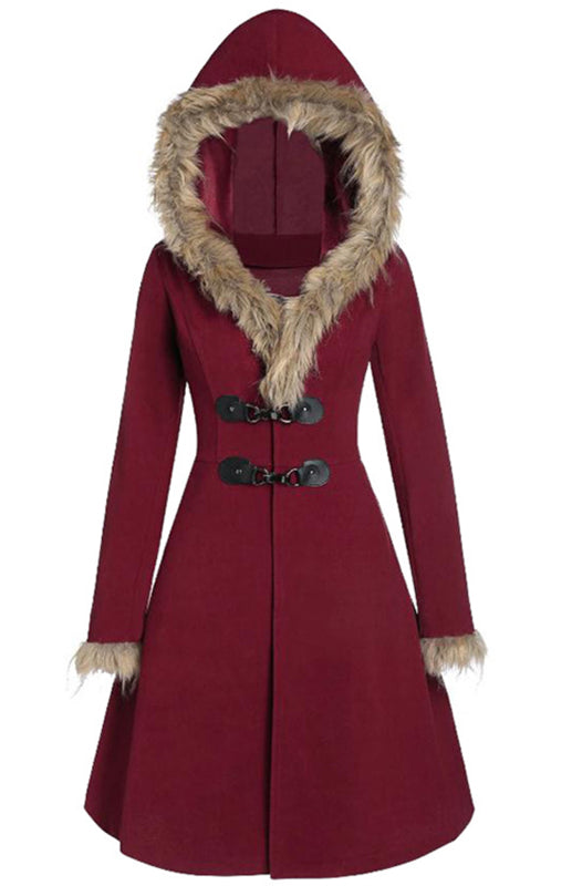 Solid-Colored Fur, Long-Sleeved Alloy Buckles, Duffel Coat