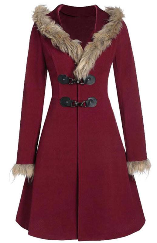 Solid-Colored Fur, Long-Sleeved Alloy Buckles, Duffel Coat