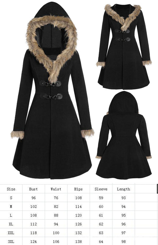 Solid-Colored Fur, Long-Sleeved Alloy Buckles, Duffel Coat