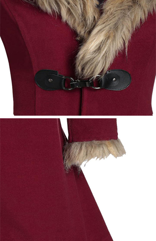 Solid-Colored Fur, Long-Sleeved Alloy Buckles, Duffel Coat