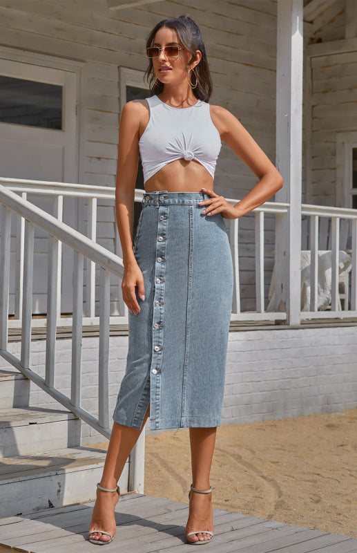 Irregular Split Denim High Waist Skirt